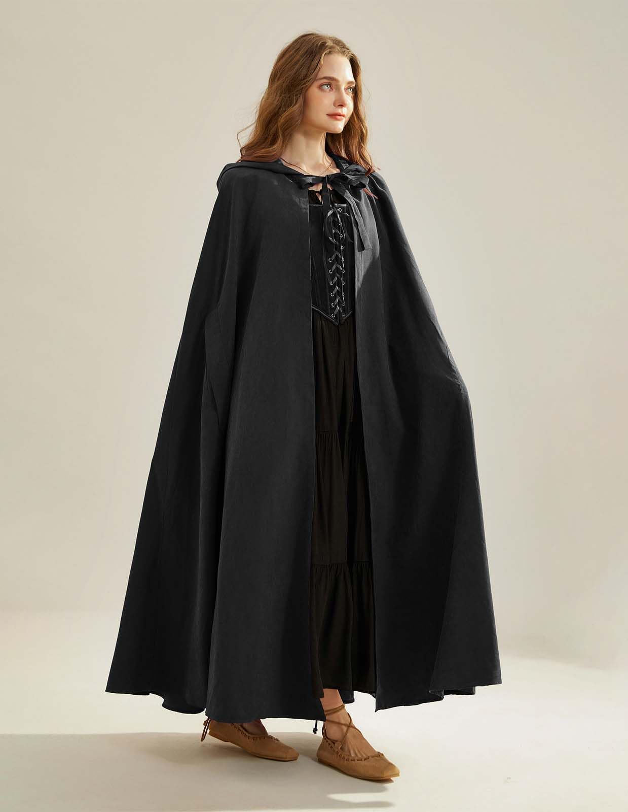 Scarlet Darkness Women Renaissance Hooded Cape Medieval Cloak Hobbit Halloween Costume Black