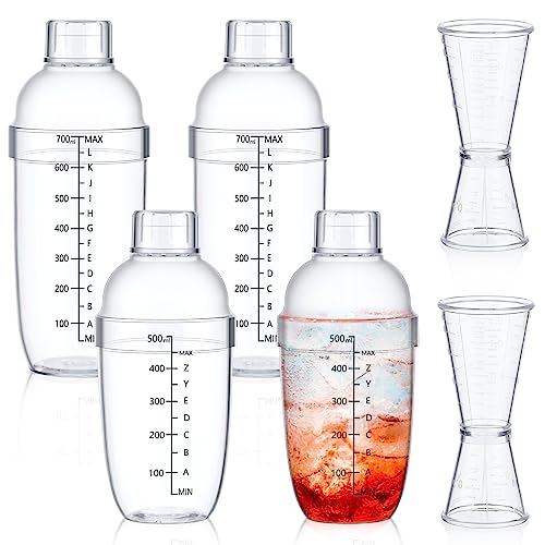 Uiifan 6 Pcs Plastic Cocktail Shaker Set 4 Pcs 17 oz 24 oz Hand Drink Mixer and 2 Ounce Cup with Measurements Mixing Tool ...