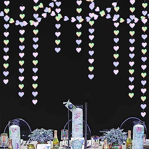 Panduola Iridescent Disco-Holographic Heart Garland - 52Ft Wedding Hanging Decoration Neon Streamers Banner, Perfect for B...