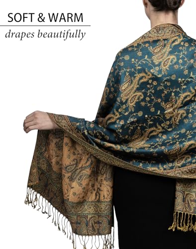 Achillea Reversible Paisley Pashmina Rave Scarf – Exotic Indian Shawls and Wraps for Evening Dresses, Festivals, All Seasons
