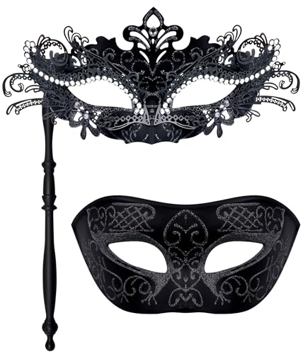 SIQUK Couple Masquerade Masks with Stick Venetian Party Mask Halloween Costume Carnival Mask for Couples Women and Men