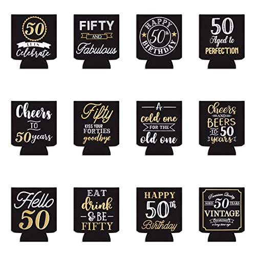Sparkle and Bash 50th Birthday Can Cooler Sleeves - Medium, Black & Gold, 12-Pack - Insulated Neoprene Holder for 12 Oz Ca...