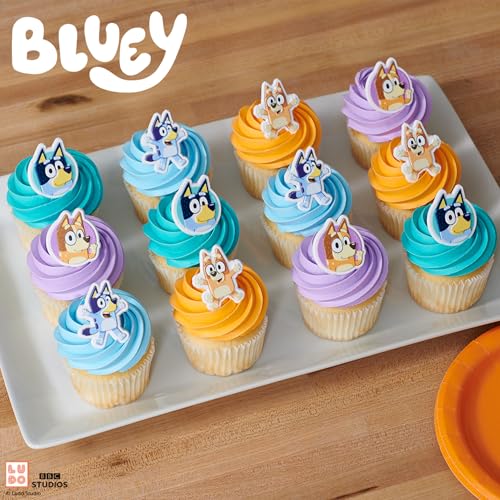 DecoPac Bluey So Much Fun Rings, 24 Cupcake Decorations Featuring Bluey, Bingo, Bandit, and Chilli, 3D Food Safe Cake Topp...