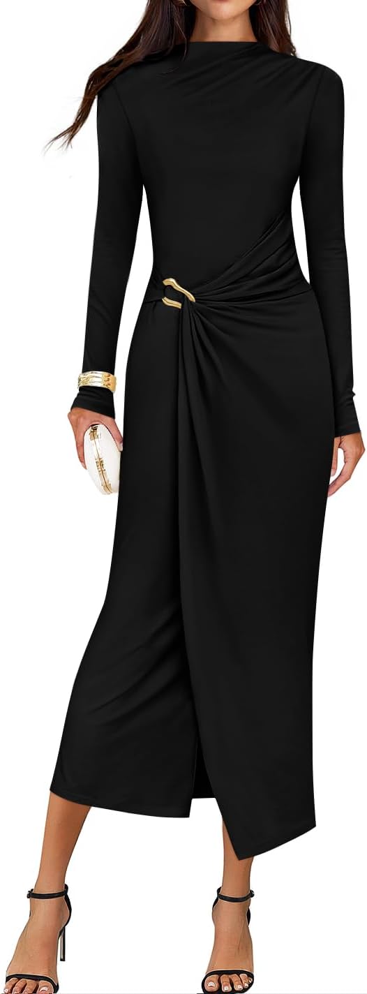 ZESICA Women's 2026 Spring Long Sleeve Bodycon Dress Mock Neck Wedding Guest Cocktail Party Long Midi Dresses