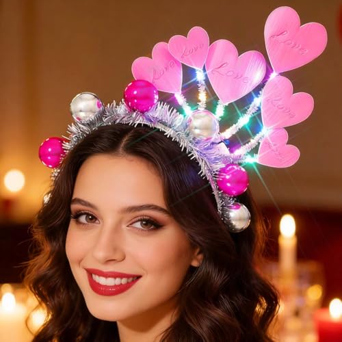 Yean Love Heart Valentine's Day Headband Ball Light Up Pink Party Costume Hair Accessories for Women