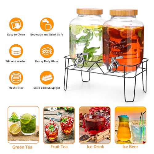 2 Pack 1 Gallon Glass Drink Dispenser with Bamboo Lids, Beverage Dispenser with Stand, Drink Machine for Lemonade, Iced Dr...
