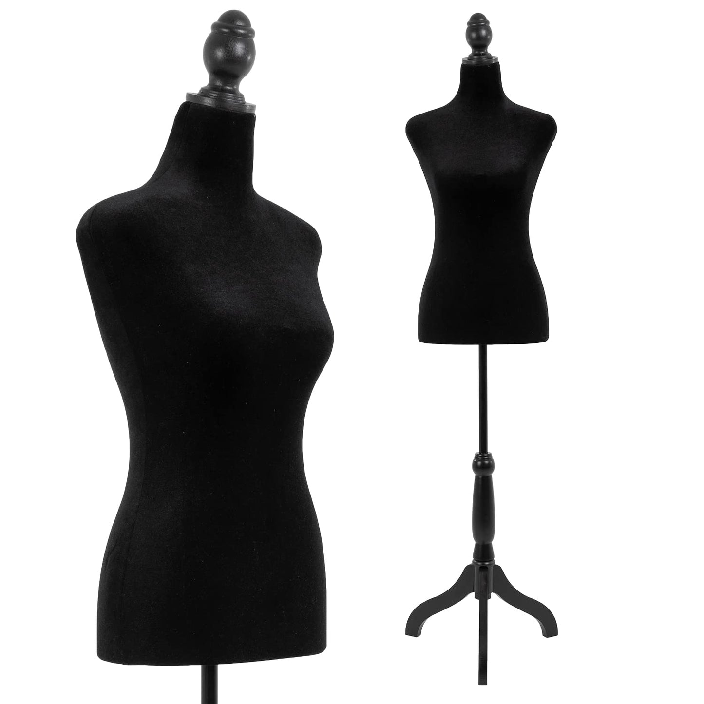 Mannequin Body Dress Form Torso Female Manikin 49.6-63.4 Inch Height Adjustable Wooden Tripod Stand High Density Foam Portable Display Mannequin (Black)