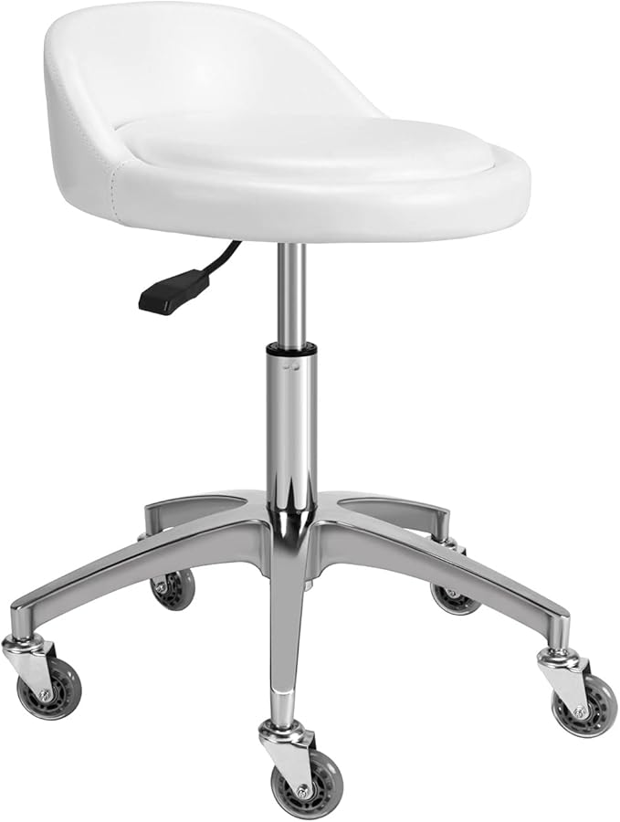 Rolling Salon Stool Chair with Back Support - Height Adjustable Hydraulic Stool with Wheels - Heavy Duty Swivel Stools 400lb Capacity for Home Salon Facial Spa Massage Clinic and Work Bench (White)