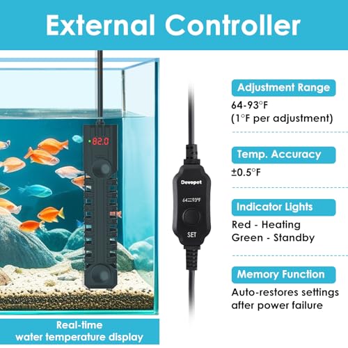 Devopet 200W Aquarium Heater, Adjustable Fish Tank Heater, with Digital Display, Overheat Protection & Dry Run Protection,...