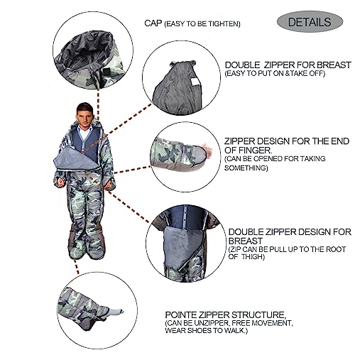 72" Large Wearable Human Sleeping Bag Zipped Foot Opening Design Free Size Ultralight Hoodie Quilted Warm Thermal Coat for...