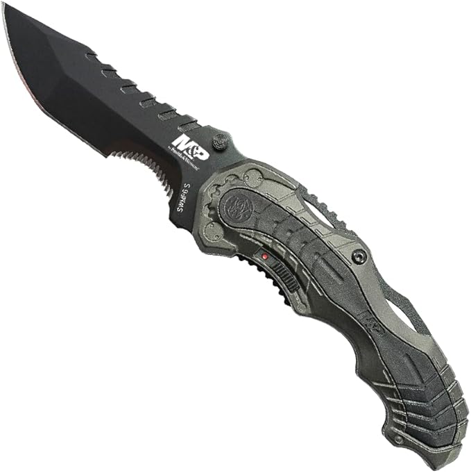 Smith & Wesson SWMP6 7.7in High Carbon S.S. Assisted Folding Knife with 3.4in Clip Point Blade and Aluminum Handle for Out...