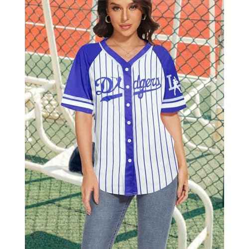 Baseball Shirt Jerseys for Women Baseball Jersey Game Day Fan Striped Baseball Player Button Down Short Sleeve Tops