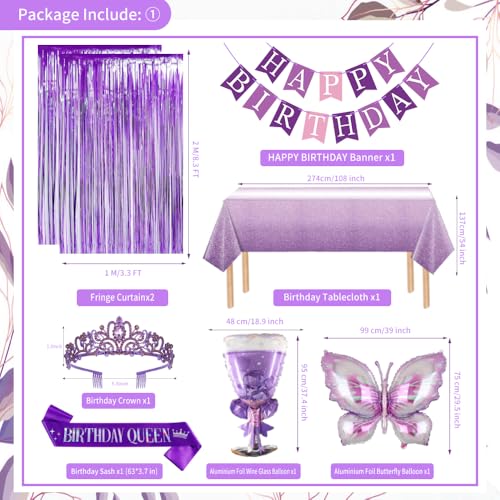 Purple Birthday Decorations, Purple Pink Party Decorations with Happy Birthday Banner, Balloons, Bday Sash, Crown, Butterf...