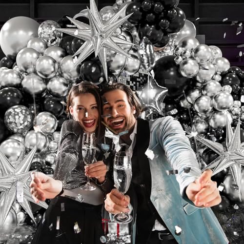 LuhcXbs Black Silver Confetti Balloons, 50pcs 12-inch, Unisex Adults, Party, General Celebration, Black Silver, Round, Ver...