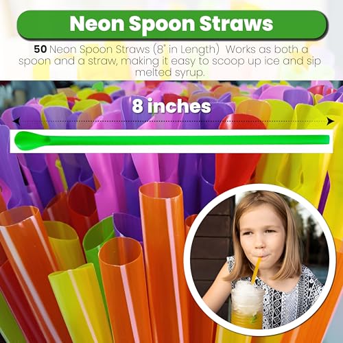 105 Piece Multi-Colored Snow Cone/Shaved Ice Kit - Includes 25 Rainbow Polka Dot Cups, 25 Candy Spoons, and 50 Neon Straws...
