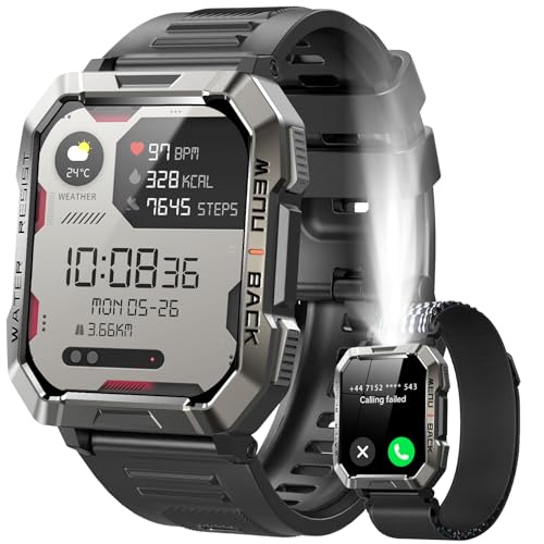 Military Smart Watch for Men (Answer/Make Calls), 2.01'' Smart Watch for Android and iPhone, Fitness Tracker with Flashlig...