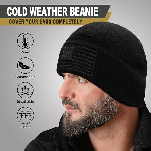 RUCD American Flag Fleece Watch Cap, Winter Warm Fleece Beanie, USA Army Military Tactical Beanie Hat