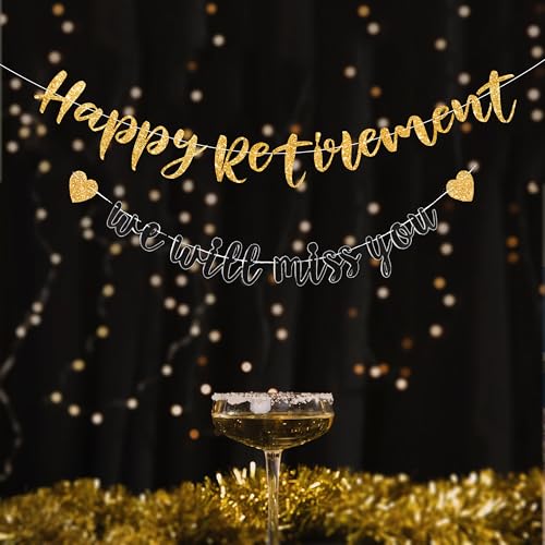 Pre-strung Happy Retirement & We will miss you Banner, Pre-strung on 8 ft Strand Black Gold Glitter Retirement Party Decor...