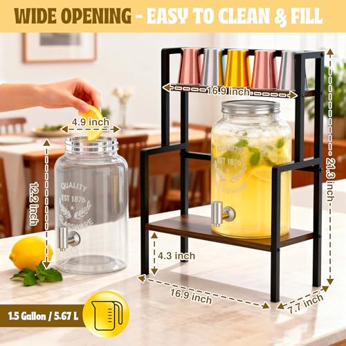 2PCS 1.5 Gallon Drink Dispenser - Glass Beverage Dispenser With Wood Stand and Leakproof Stainless Steel Spigot, Large Dri...
