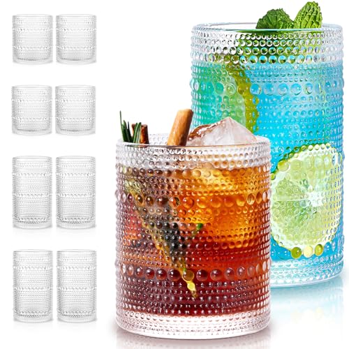 Potdoctor Hobnail Drinking Glasses Set of 8, 4 Highball Glasses 15oz,4 Rocks Glasses 12oz,Mixed Drink Cocktail Glass, Vint...