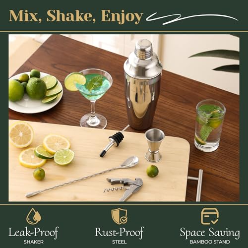 HomeCurated Cocktail Shaker Set, 24-Piece Bar Bartender Kit with Stand, Martini Shaker, Jigger, Strainer,Mixer Spoon,Muddl...