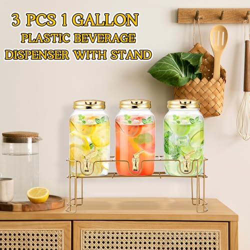 Tanlade 3 Pcs Plastic Drink Dispenser with Stand Beverage Dispenser with Sturdy Metal Base Juice Dispensers for Parties Le...