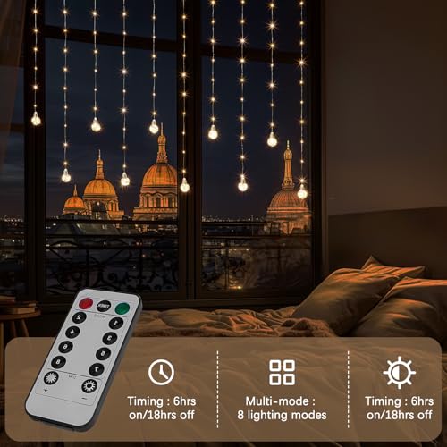 Minetom 200 LED Curtain Fairy Lights - 9.8 FT Wishing Ball Window Hanging Lights with Remote, USB Powered Waterproof for C...