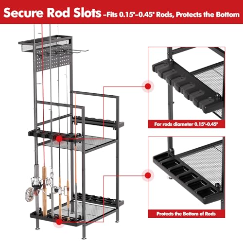 YQSLYSF Fishing Rod Holders for Garage with Pegboard & Metal Mesh Basket, Fishing Rod Storage Rack, Vertical Fishing Pole ...