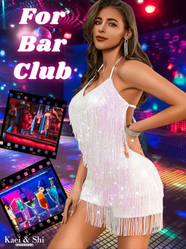 Kaei&Shi Sequin Fringe Romper,Sparkly Glitter Metallic Jumpsuits For Women,Backless Shorts Dress Disco Birthday Dance Outfit