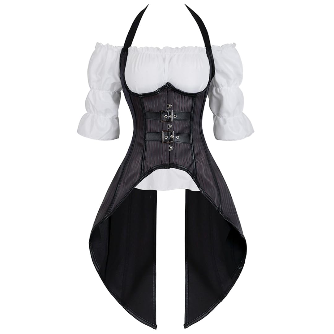Kranchungel Womens Halloween Costume Steampunk Corset and Pirate Shirt Renaissance Blouse Gothic Burlesque Corsets Costumes Small Dark Purple