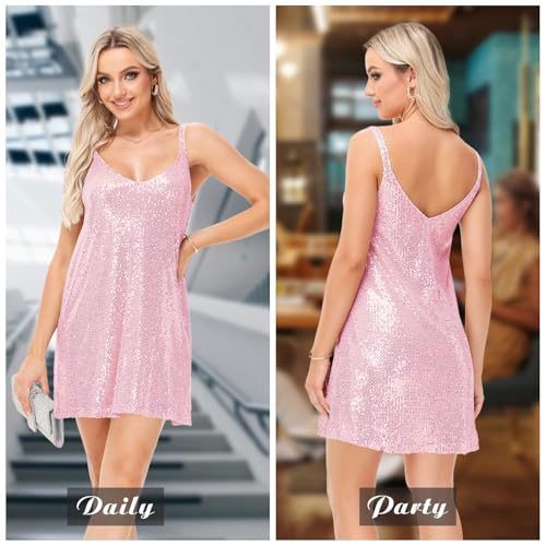 CITCAR Women's Summer Sleeveless Mini Dress Deep V-Neck Glitter Sequin Dress Sexy Short Dress