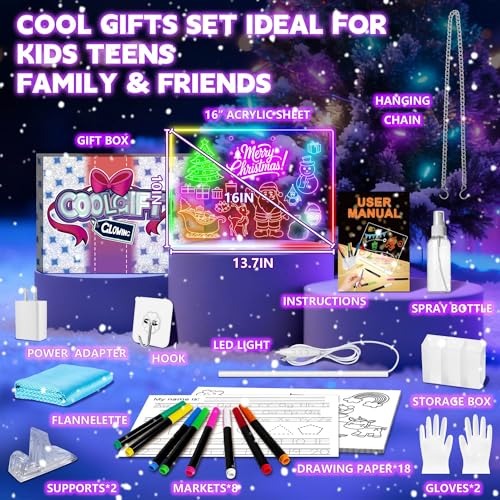 16" Led Drawing Board for Kids with 18 Tracing Pages - 4 Modes & Acrylic Led Note Board with 7 Colors, Light up Magic Boar...