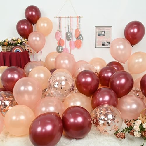 Balloons Burgundy Rose Gold, 60 Packs 12 Inches Wine Red Champagne Latex Balloon Rose Gold Confetti Balloons for Women Gir...