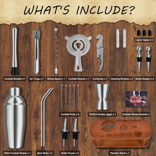 Cocktail Shaker Set with Stand - 25pcs Mixology Bartender Kit 25oz Professional Bar Tools Set Bar Accessories for Drink Mi...