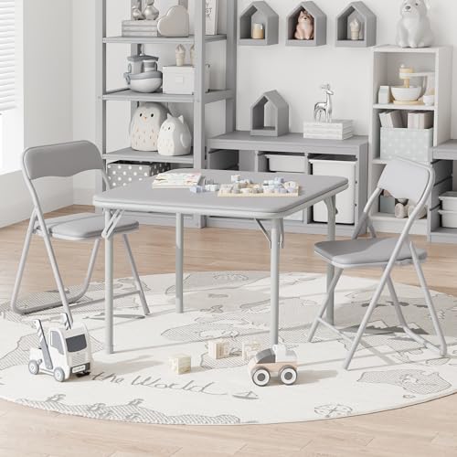 IDEALHOUSE Boys and Girls Folding Table and Chairs Set of 3, Portable Table and Chair with Pu Soft Cushion,Suitable for Ea...