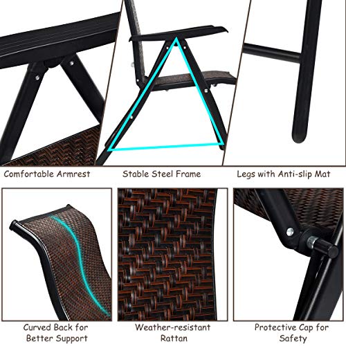 Tangkula 2 Piece Patio Rattan Folding Reclining Chair, Outdoor Wicker Portable Camping Chair with Widened Armrest, Foldabl...