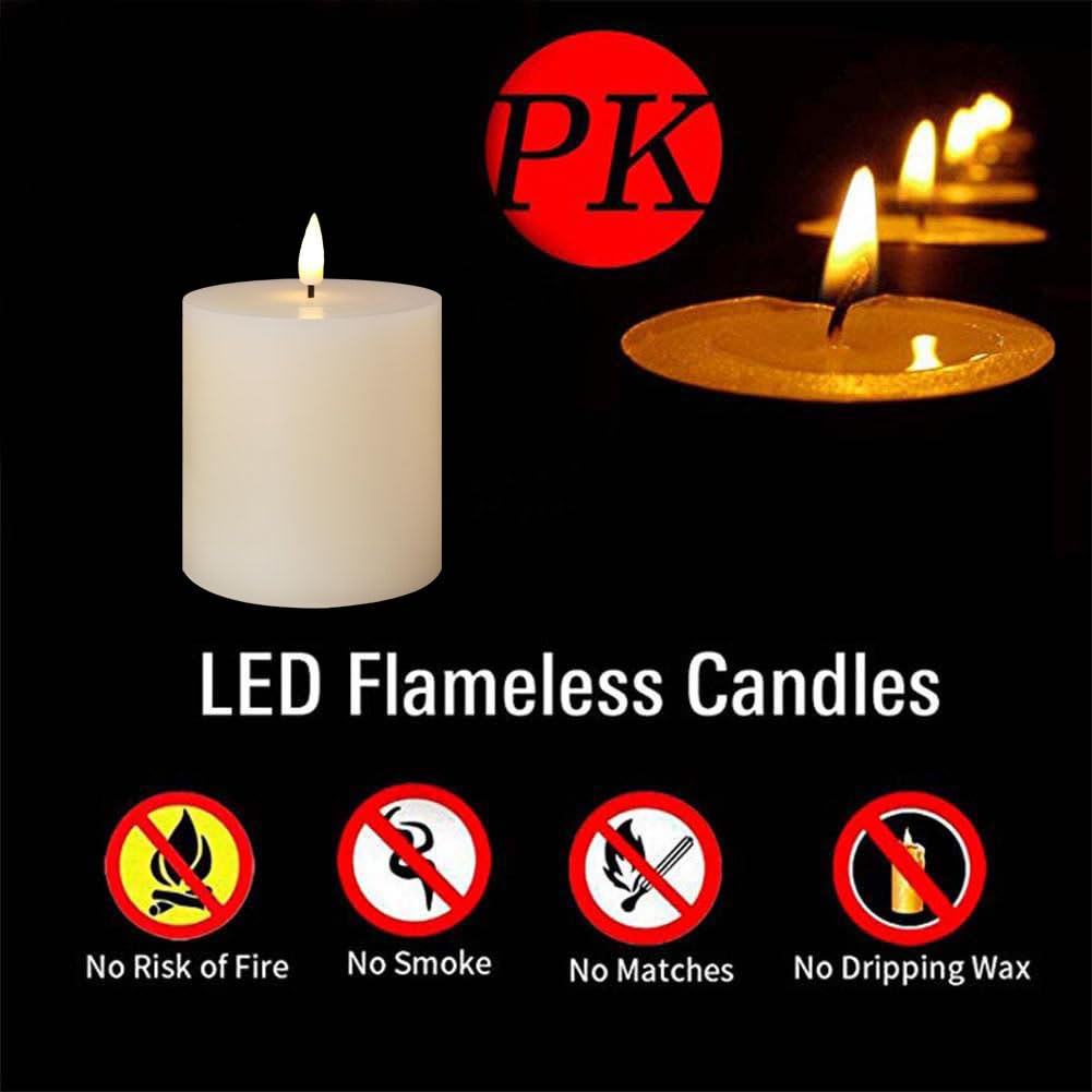 volnyus White Flameless Candles Set of 3 (3x3 inch) Real Wax Flickering LED Candles Battery Operated with Remote Control Timers for Fireplace Bedroom Livingroom Party Dimmable Pillars Flat top