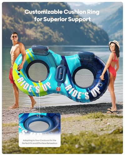 QPAU Inflatable Double River Tube, 2 Person 660lb Capacity, Puncture-Resistant 93" Sturdy Heavy Duty River Float, River Ra...