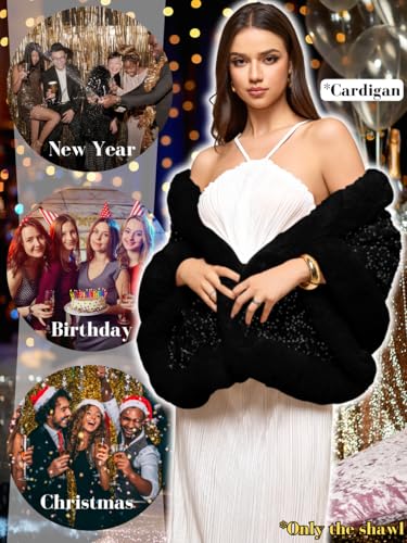 EHSUYAB Women's Sequin Faux Fur Shawl Wrap, Winter Bridal Wedding, Luxury Elegant Velvet Fur Coat Jackets Cape Evening Party
