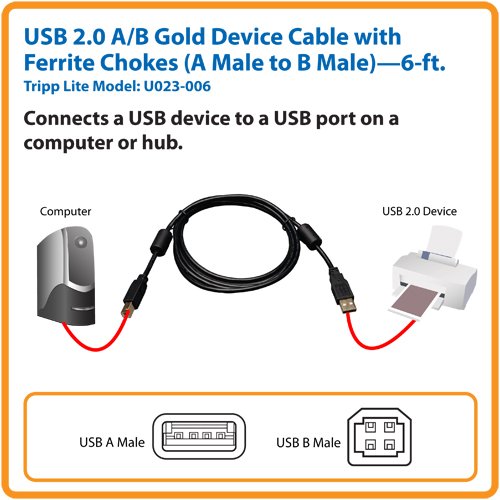 Tripp Lite Usb 2.0 Hi-Speed A/B Cable With Ferrite Chokes (M/M) 6-Ft. (U023-006), Black