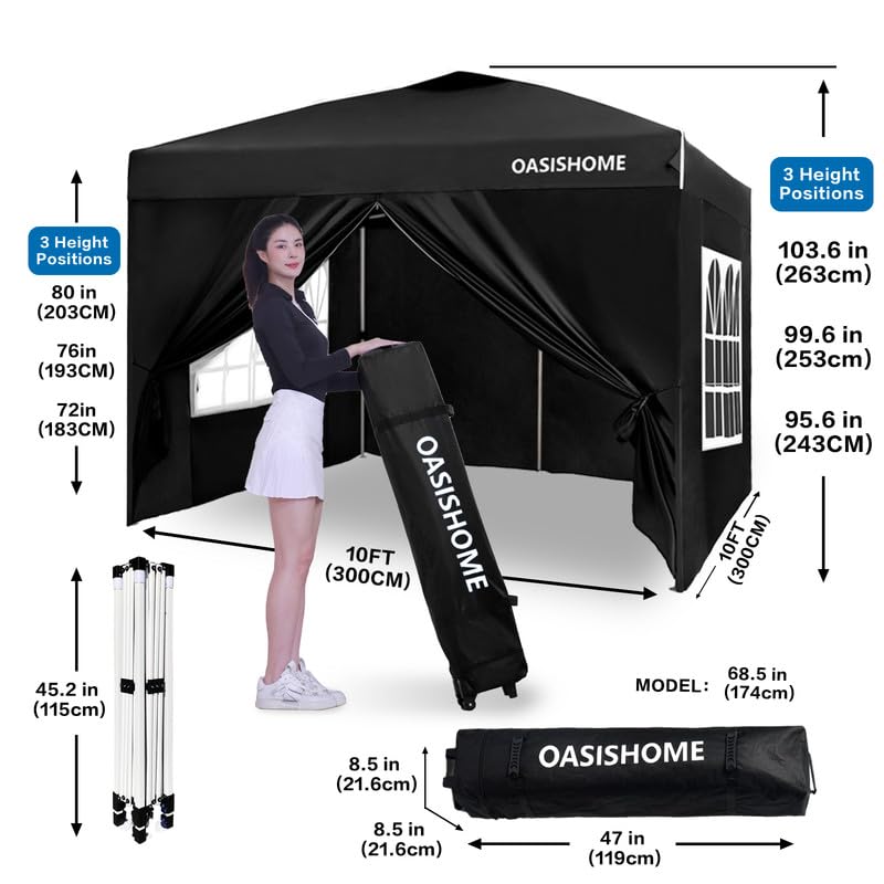 OASISHOME Pop-up Gazebo Instant Portable Canopy Tent 10'x10', with 4 Sidewalls, Windows, Wheeled Bag, for Patio/Outdoor/We...