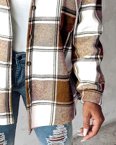 CHICME Womens Lightweight Casual Jacket Plaid Long Sleeve Shacket Fleece Lined Hooded Jackets Warm Coat