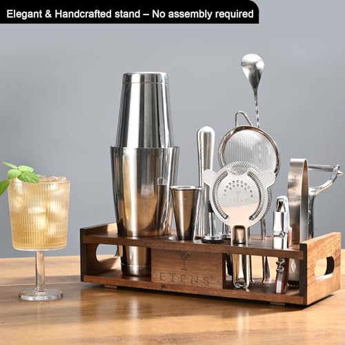 Premium 15-Piece Mixology Bartender Kit – Stainless Steel Cocktail Shaker Set with Wooden Stand | Professional Boston Shak...