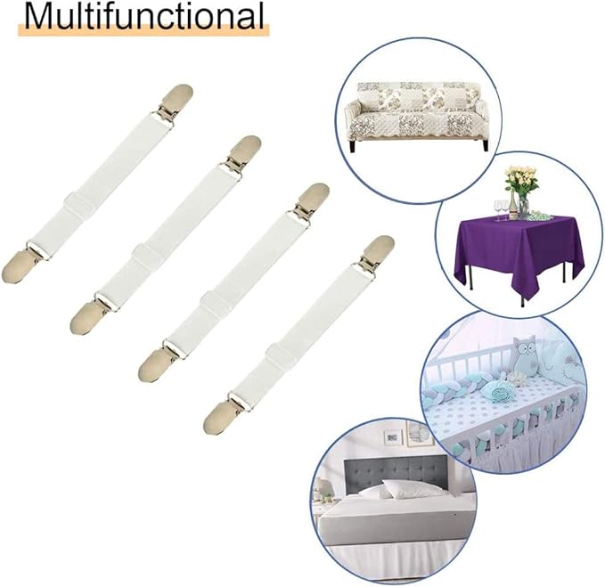 4Pcs Adjustable Bed Sheet Straps Clips, Elastic Mattress Sheet Fasteners Holder and Suspenders, Grippers to Hold Sheet, Mattress, Sofa, Couch, Table Cloth, Recliner Ironing Board Cover and More