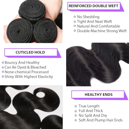 Human Hair Bundles Body Wave 12A Unprocessed Brazilian Virgin Weave 3 Bundles 18 20 22 Inch Real Human Hair Quick Weave Sew in Hair Double Weft Full and Thick Natural Black Wavy Hair for Women