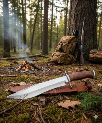 Handmade D2 Steel 15 Inch Bowie Knife with leather sheath - Survival Hunting knife with steel Guard, Rosewood Handle Ideal...