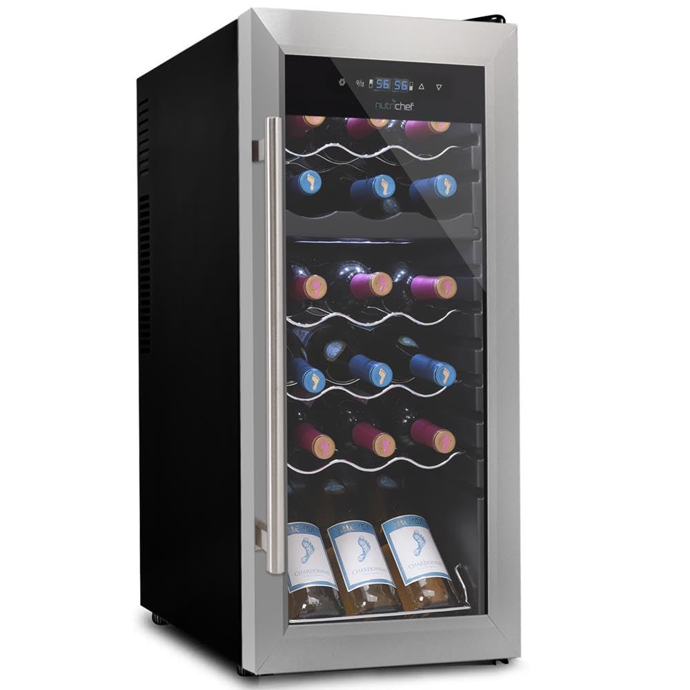 NutriChef PKCWCDS188 Freestanding Wine Fridge, 18 Bottle Dual Zone Beverage Cooler for Home & Office, 32x13x19 inches, Adjustable Temp 41-64F, Black