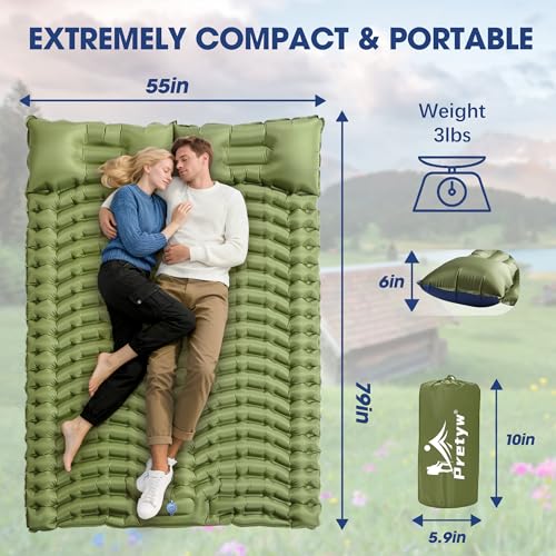 Pretyw Double Sleeping Pad for Camping - Ultralight Camping Mattress with Pillow, Built-in Foot Pump, Compact Inflatable ...