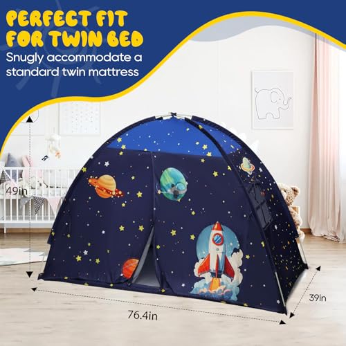 Twin Bed Tent Canopy, Space Indoor Blackout Privacy Toddler Bed Tent for Kids with Light, Portable Sleeping Floor Kids Pla...