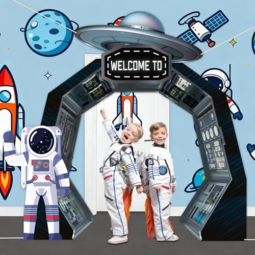 3Pcs Outer Space Porch Banner Space Birthday Party Decorations Spaceship Hanging Banner Astronaut Planet Door Covers Backd...